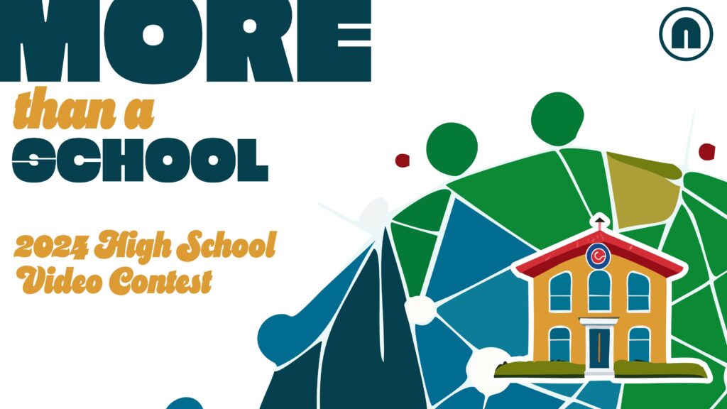 schoolhouse in front of a global network illustration with a heading reading ``More Than a School: 2024 High School Video Contest`` with the NCSBA logo